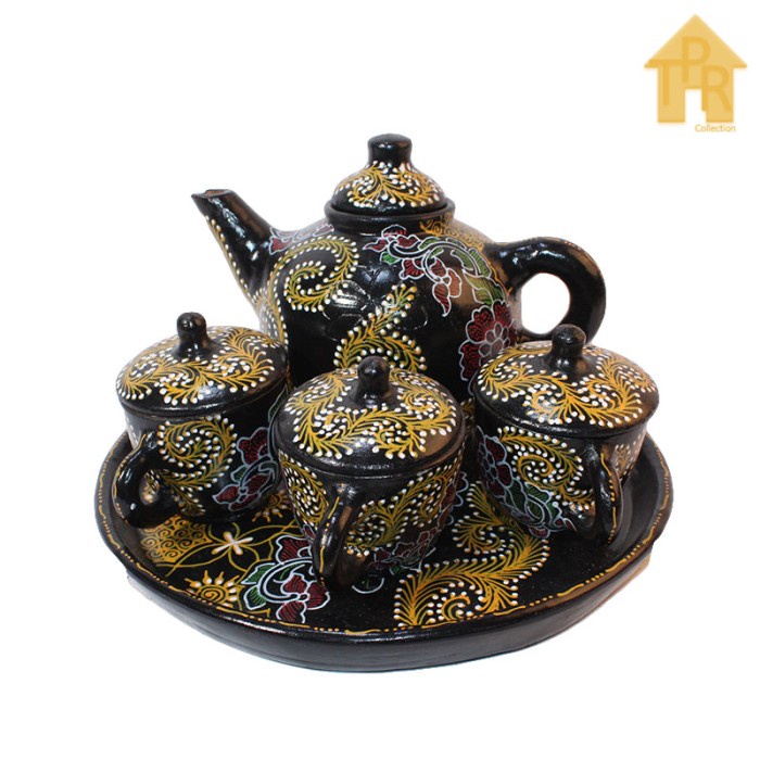 Gerabah Tea Set Premium - Poci Batik Tulis - Motif Rumbai K