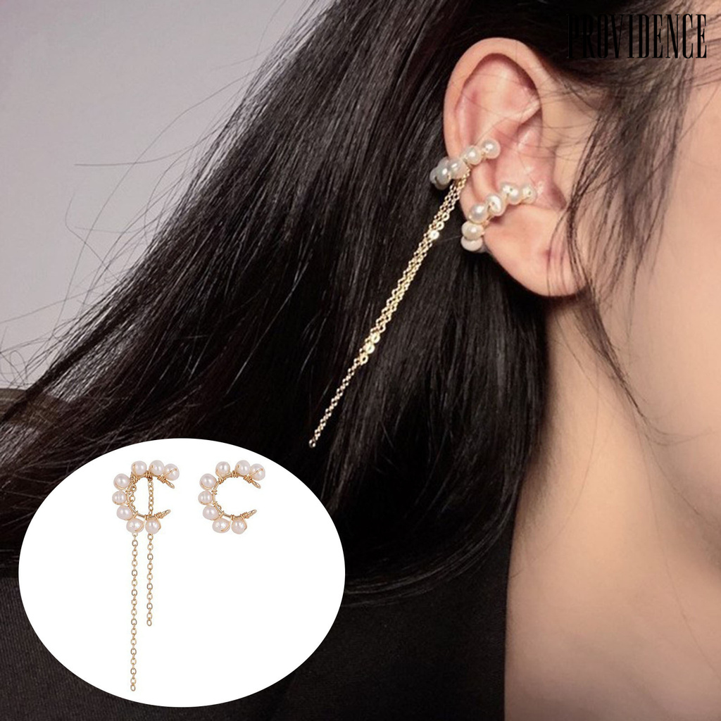 1 Pasang Anting Ear Cuff Bentuk C Asimetris Aksen Mutiara Tiruan Untuk Aksesoris Perhiasan