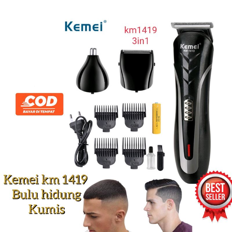 Kemei Hair Cliper Km1419 Alat Cukur Pangkas Rambut Cas Elektrik  mesin Potong bulu hidung Kumis 3in1