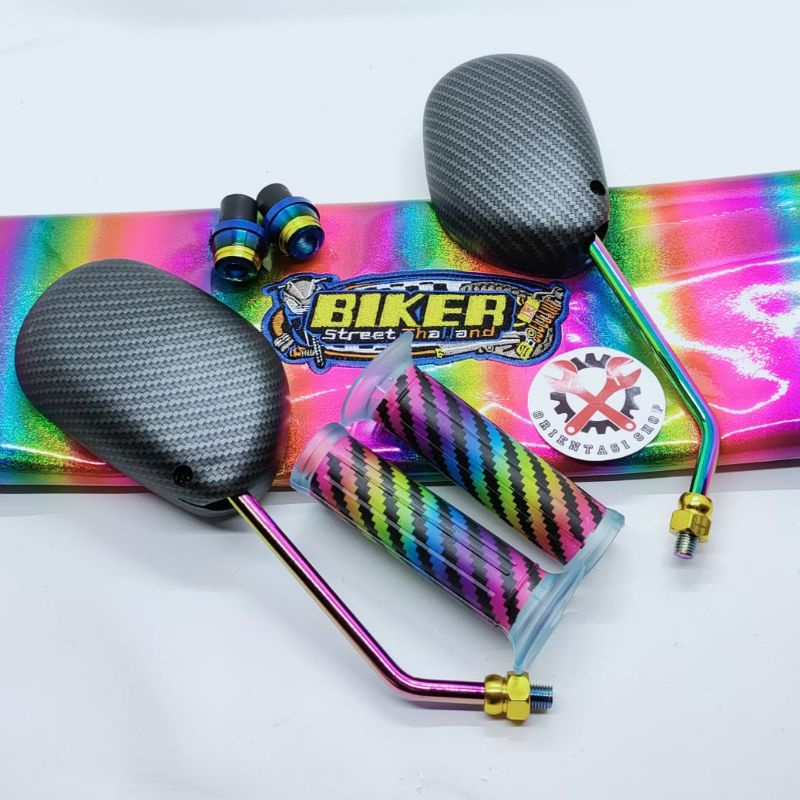 Paket hemat pelangi spion Mio Carbon+kulit jok+handgrip+Jalu stang twotone  universal Yamaha