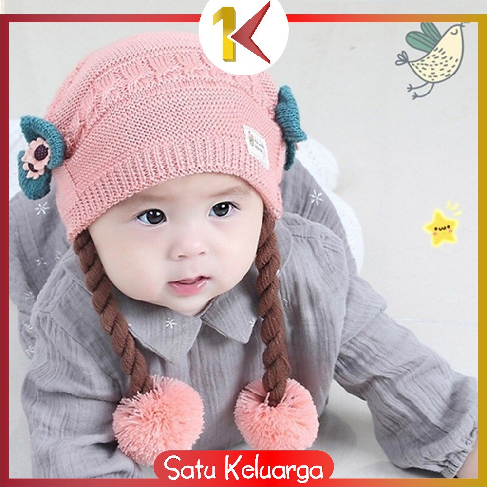 SK-P19-21 Topi Anak Perempuan Rambut Kepang / Topi Bayi Kupluk Rajut Imut Lucu / Baby Hat Wig Impor-3