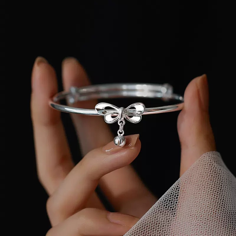 Papaozhu Indah Perak Tinkle Bell Busur Pesona Bangle Gelang Untuk Wanita Gadis Korea Ikatan Simpul Gelang Adjustable Rantai Pergelangan Tangan Fashion Perhiasan Hadiah