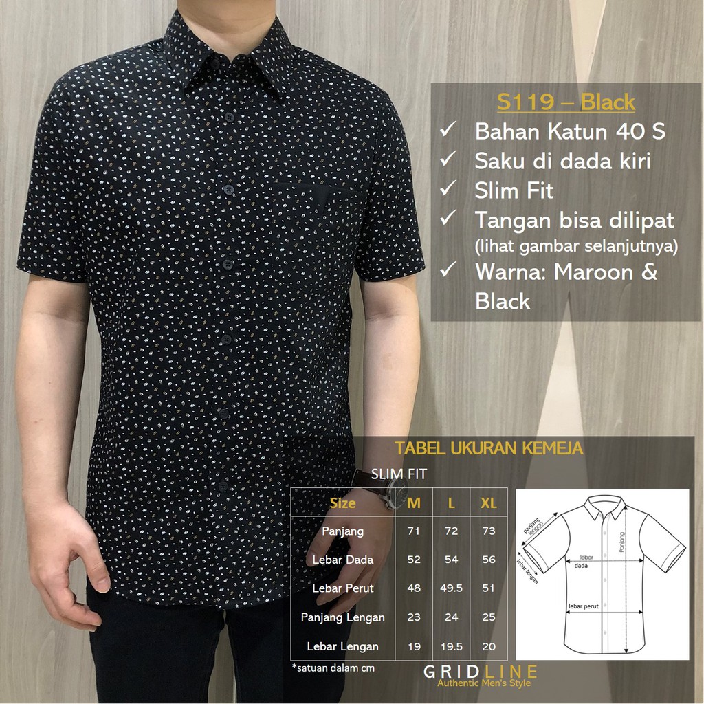 [GRIDLINE - S184 Navy &amp; Black - S119] Kemeja Pria Lengan Pendek Slimfit Katun Premium Simpel Elegan Best Seller M-XXL