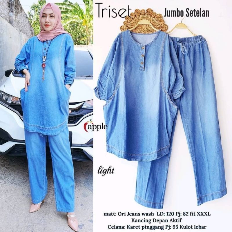 Triset Jumbo Jeans, setelan tunik jeans celana kulot LD 120