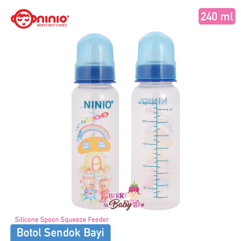 Ninio Botol Sendok &amp; Botol Susu Bayi 240 ml Silicone Squeeze Feeder GRATIS Nipple Dot Silikon MPASI Berry Mart