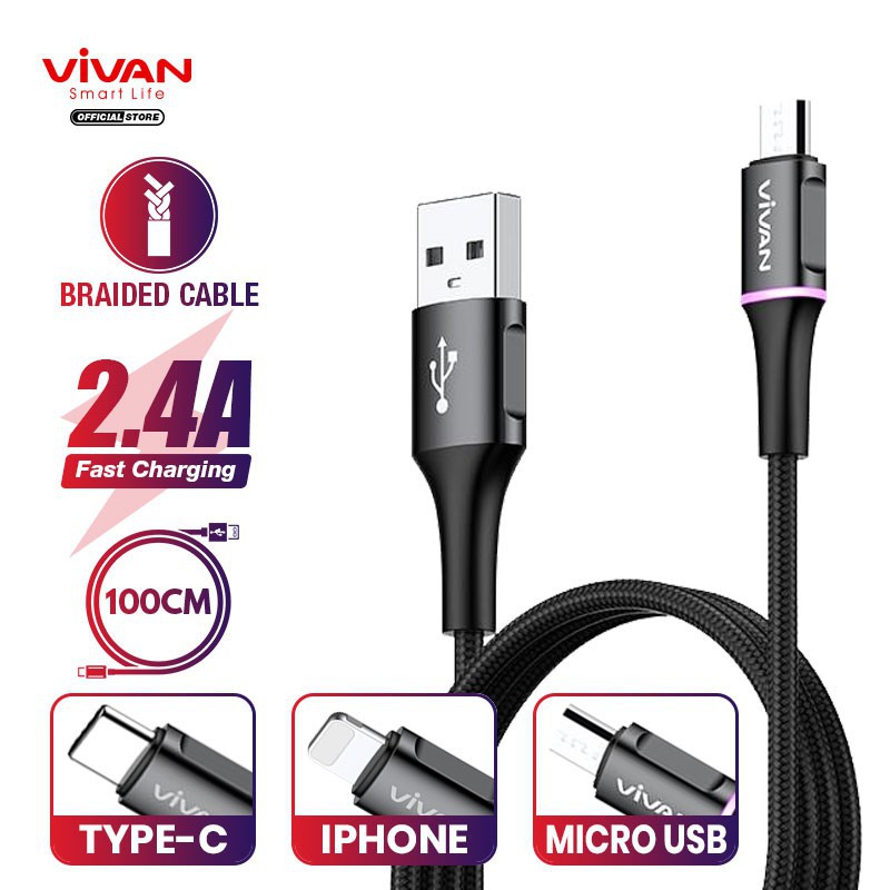 VIVAN Kabel Micro USB Android 2.4A LED Light Quick Charge 100CM Garansi Resmi 1 Tahun VDM100