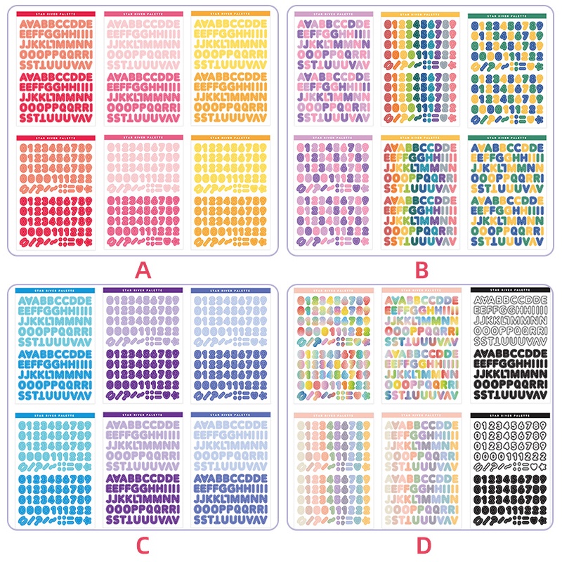 6 Lembar Stiker Dekorasi Desain Tulisan &amp; Angka, Beraneka Macam Warna