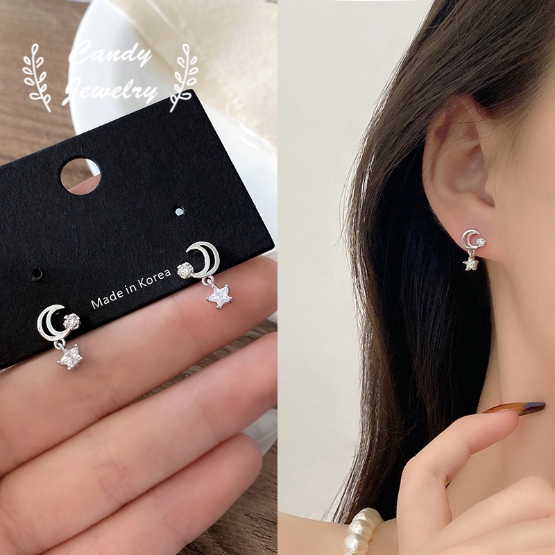 Anting S925 Silver Needle Bentuk Bintang Dan Bulan Aksen Zircon Gaya Korea Untuk Wanita