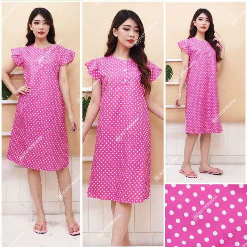 Daster Batik Lengan pendek - Motif Acak / Campur - Leher Kancing /Batik karakter busui-Polka pink