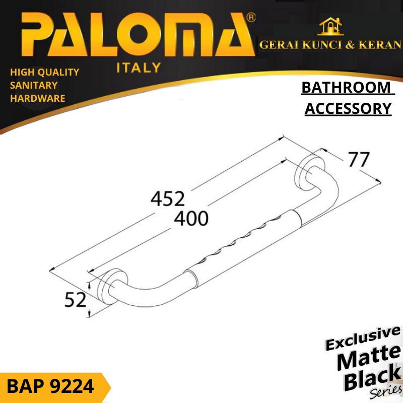 PALOMA BAP 9224 Pegangan Kamar Mandi Handle Bathtub Tub Toilet 40CM Hitam Black