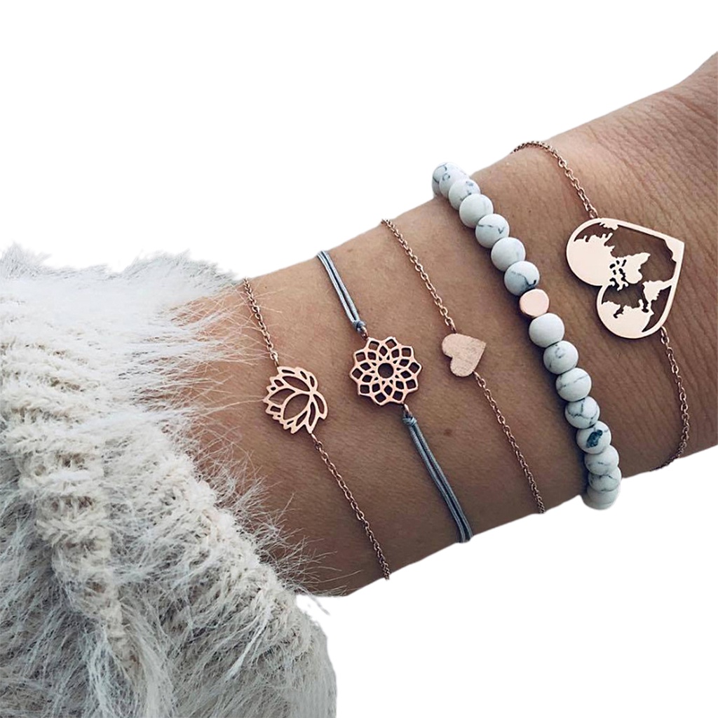 Hu Hu Hu Hu Hu Alat Bantu Pasang Kacamata♡ 5pcs Gelang Tangan Wanita Desain Bunga Teratai Hollow Adjustable Untuk Pesta