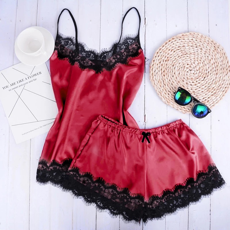Blackpink Lingerie Sexy  Baju Celana Set Santai Casual Tidur Wanita Import Piyama Gaun Malam Satin Sleepwear Bahan Silk Set Pakain Wanita 1162-RED