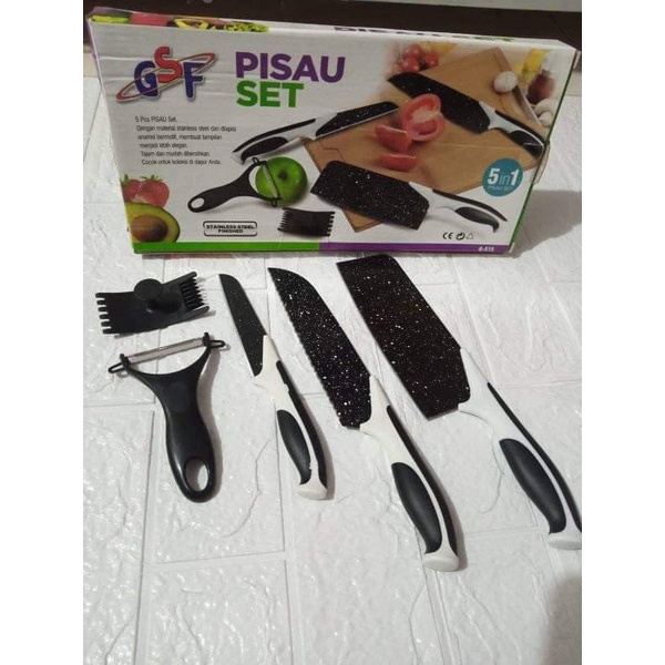 PISAU SET BATU MAIFAN 5 PCS / PISAU TAJAM GRANITE  WARNA HITAM 5 IN 1 GSF G-515 / PISAU SET BATU