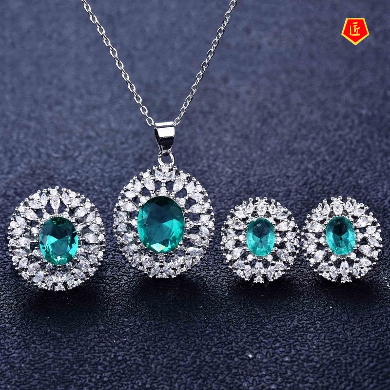 [Ready Stock]Yellow Diamond Blue Topaz Rings Ear Studs Necklace Set