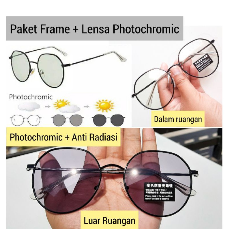 Jual Kacamata Lensa Photocromic Anti Radiasi Blueray Frame Besi Alloy Oval Photochromic 9896