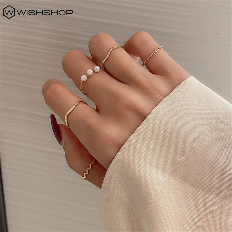 5pcs / Set Cincin Multilayer Hias Mutiara Gaya Korea Untuk Wanita