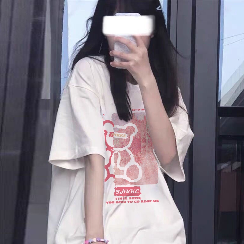 Kaos Lengan Pendek Pink Bear Korean Style/Kaos Atasan Wanita/Baju Kaus Oversize Wanita