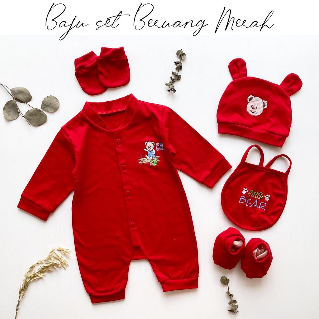 BEAR / TIGER SET HAMPERS BAJU MERAH / FULL SET LEO giftset lahiran kado bayi 1 bulan baju one month jumper bayi baju anak laki  cewe