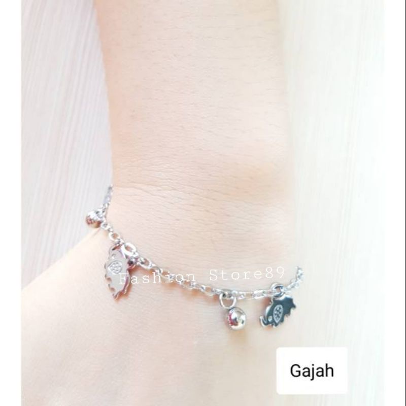 SET Gelang Tangan Gelang Kaki Gajah Titanium Silver Gold Antikarat