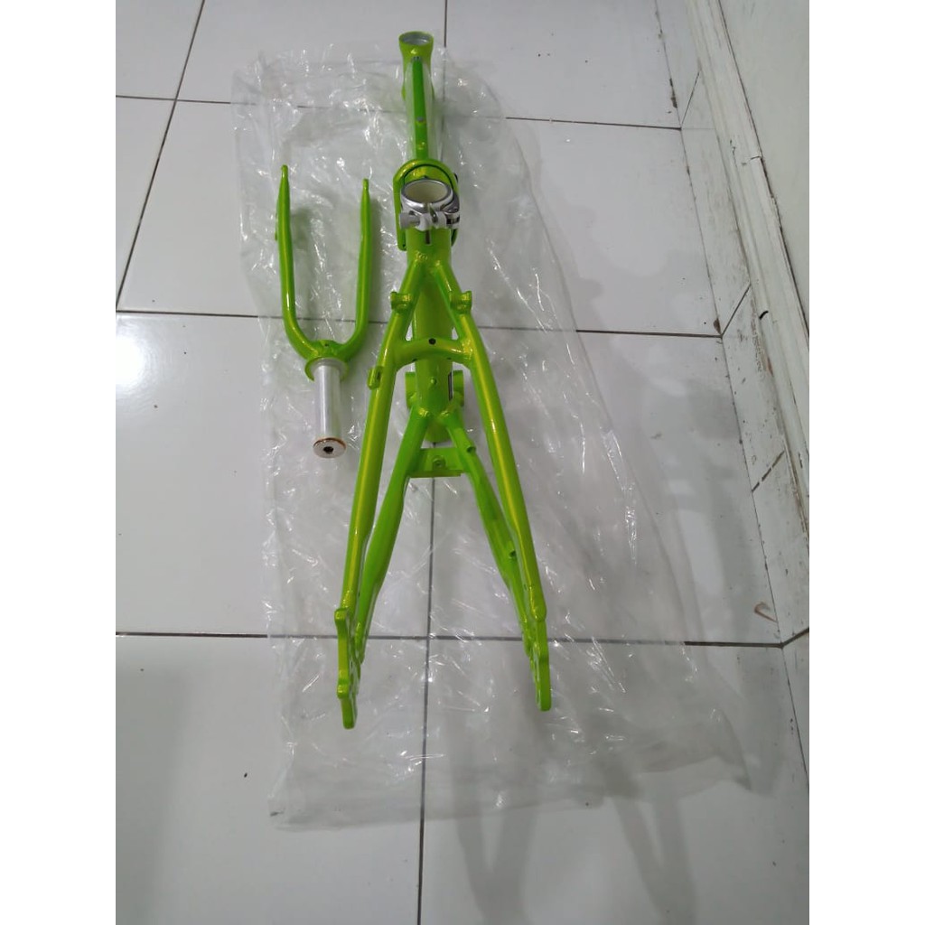 Frame Set &amp; Handle Post HP FNHON BLAST Hijau Discbrake 20 inch Db Sepeda Mangga Muda Alloy Disk