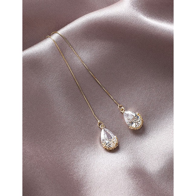 LRC Anting Tusuk Fashion Gold 925 Silver Needle Pattern Artificial Crystal Drop Ear Line D35276