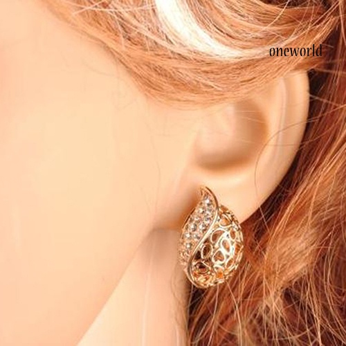 OW@ 1 Pair Fashion Women's Lady Hollow Leaf Rhinestone Ear Stud Earrings Golden Tone