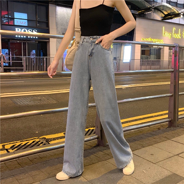 Korean New Women's Loose High Waist Wide Leg pengait celana jeans