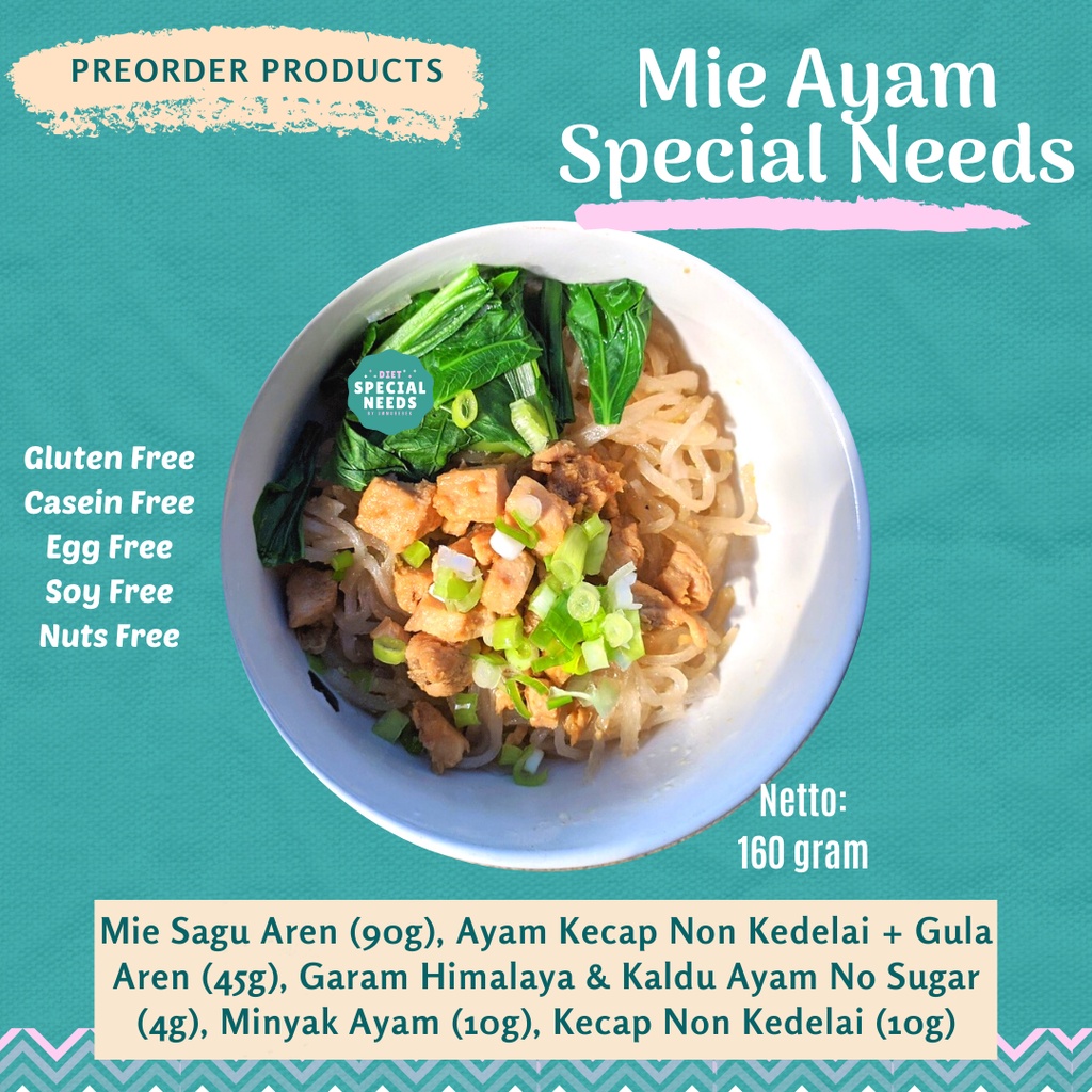 

MIE AYAM DIET SPECIAL dgn Mie Sagu, Garam Himalaya, Kaldu Ayam No MSG & No Sugar, Kecap Soy Free