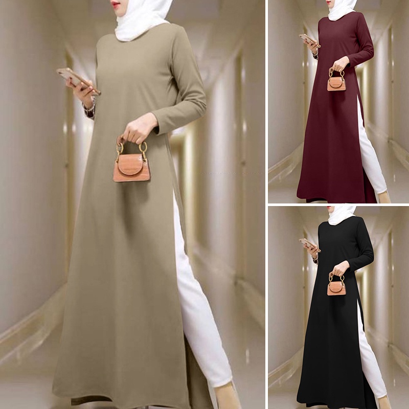 ZANZEA Women Casual Solid Long Sleeve Slit Side Hem Muslim Long Dress