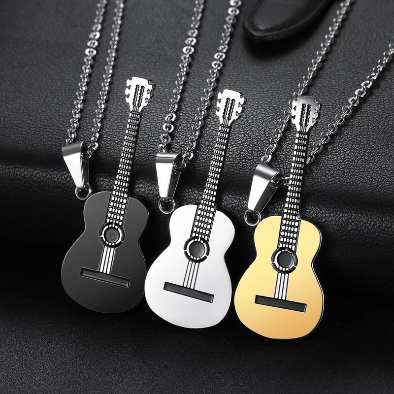 Korean fashion 3 color guitar pendant men and women stainless steel necklace hip hop punk rock jewelry factory wholesale