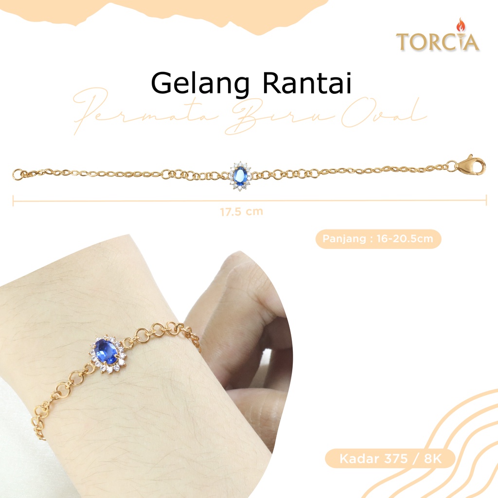 Gelang Rantai Emas Asli Permata Biru Oval Kadar 375 Torcia