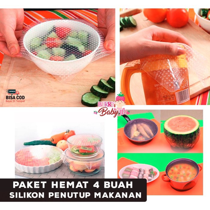 Berry Mart Silikon Pelindung Makanan 4 Pcs Silicone Stretch Food Cling Film Wrap Berry Mart