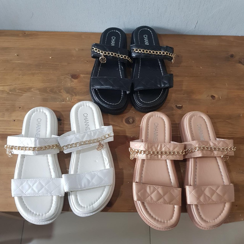 (SPECIAL SALE YEAR IMLEK) Sandal Flip Flops  Wanita 008920 Flower Double Strap Chain Flip Flops