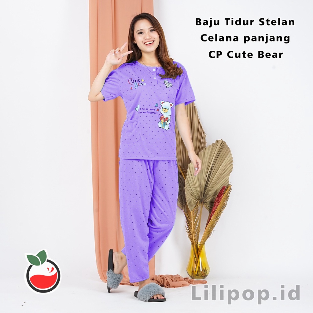 Lilipop.id  Baju Tidur Wanita CP Cute Bear Setelan Piyama BabyDoll Kaos Celana Panjang