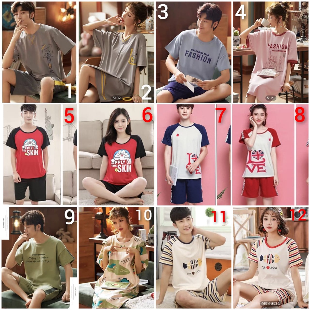 Baju tidur piyama lengan pendek celana pendek bahan kaos import HPcouple