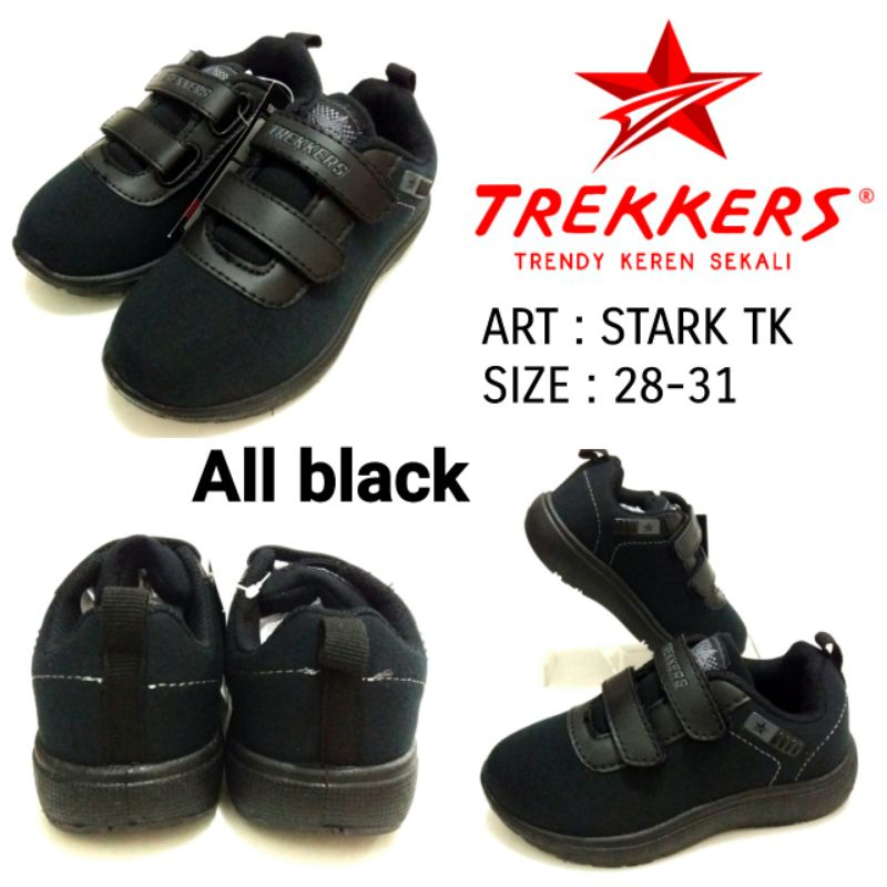 SEPATU ANAK SEKOLAH KREKETAN UNISEX TREKKERS STARK TK SIZE 28-31 WARNA FULL HITAM TERBARU TERMURAH