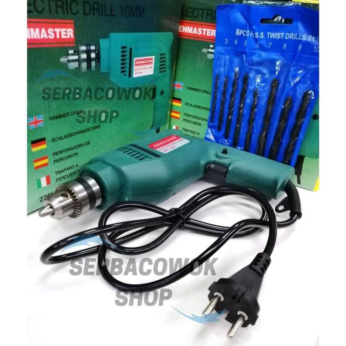 Mesin Bor Listrik Bor Tangan Kenmaster 10 Mm Plus Mata Bor Set Besi