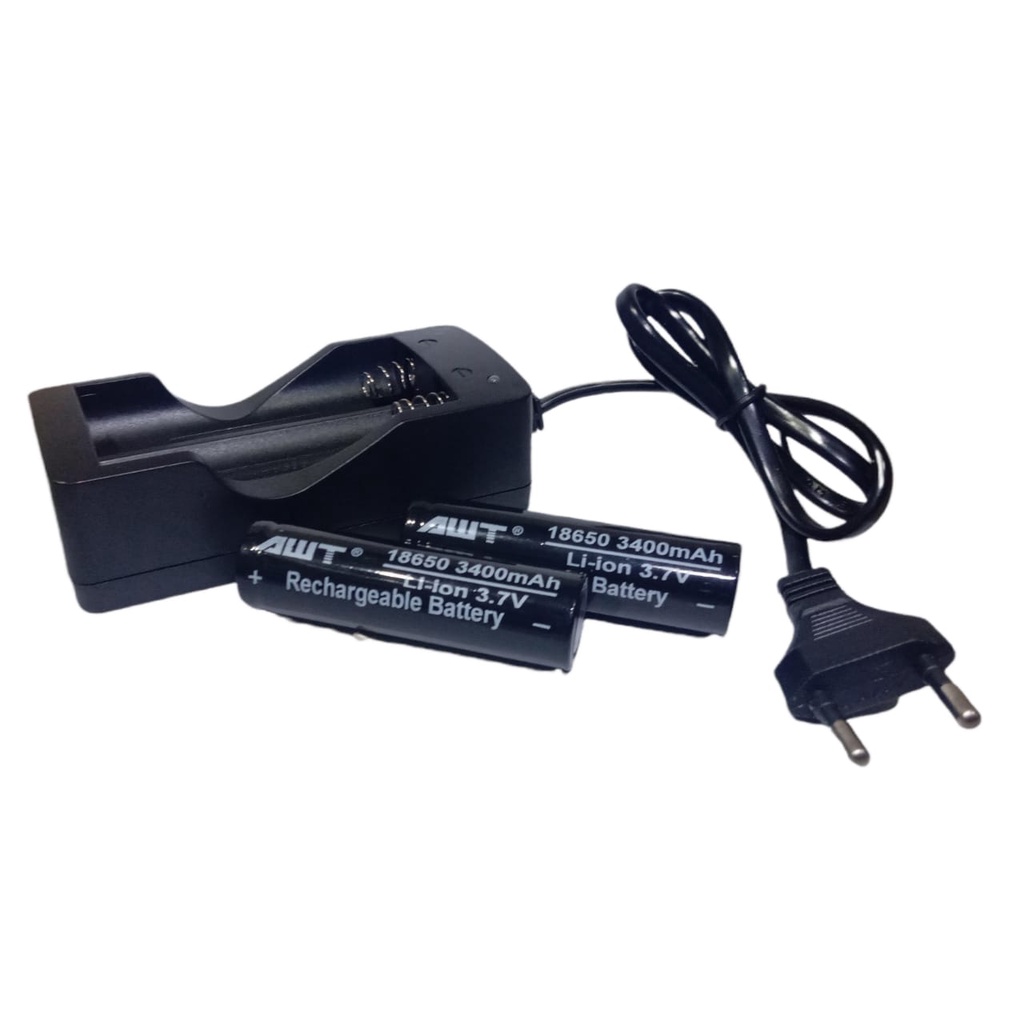 Paket Charger 2 Slot + 2 Pcs Baterai Li-ion AWT 18650 3400mAh 3.7V Warna Hitam