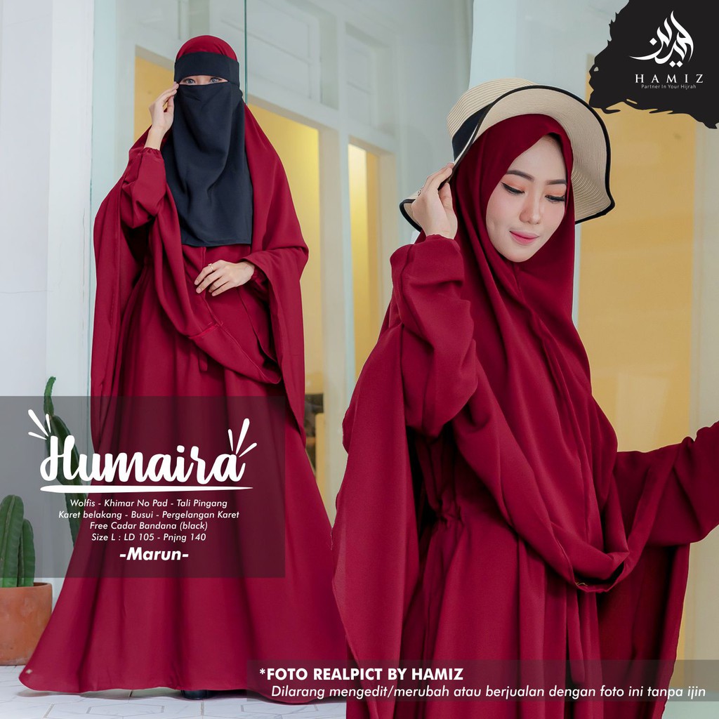 HUMAIRA SYARI gamis syari polos set khimar no pad tidak belah original HAMIZ-marun