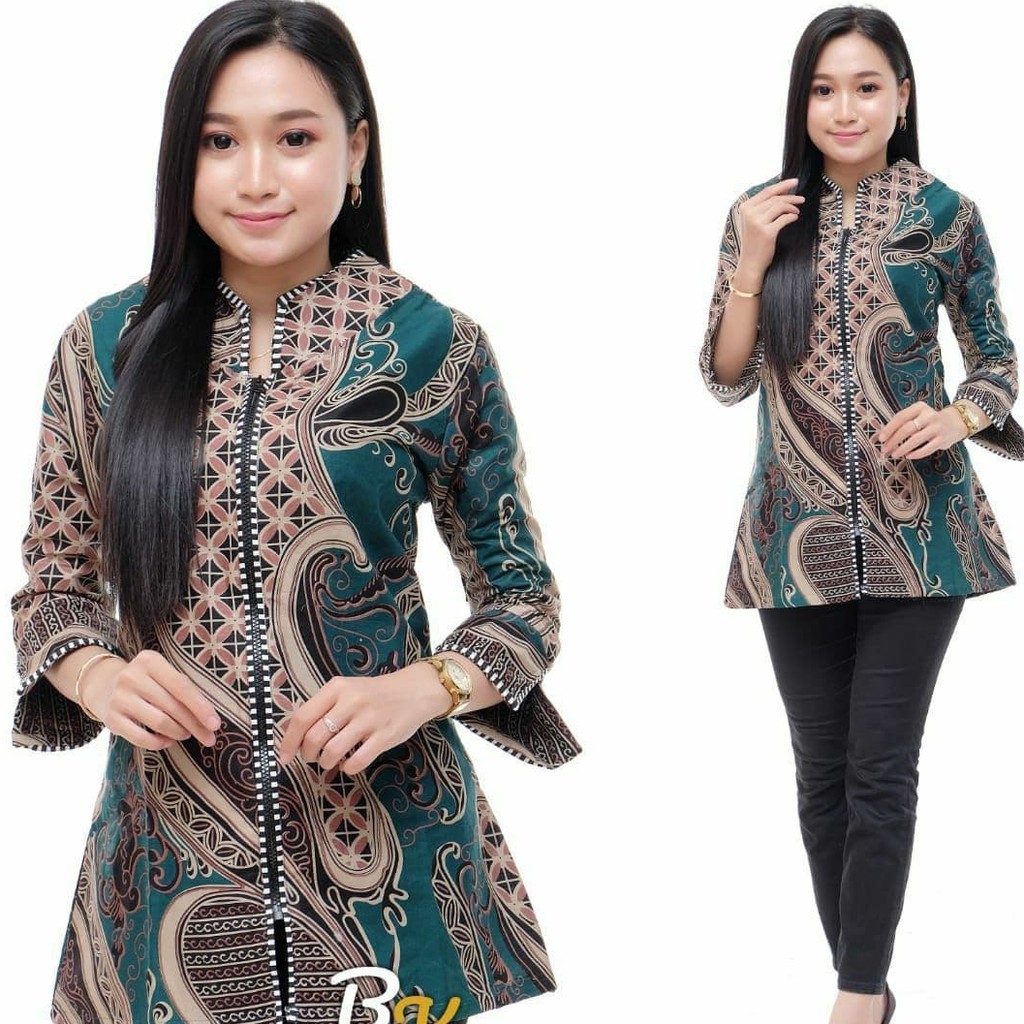 Atasan Batik Wanita Katun Dolbi Dobby Doby Tenun Sutra Tulis Halus Katun ATBM Baron ,Sarombit Atasan-ZIPER BNYUMILI HIJAU