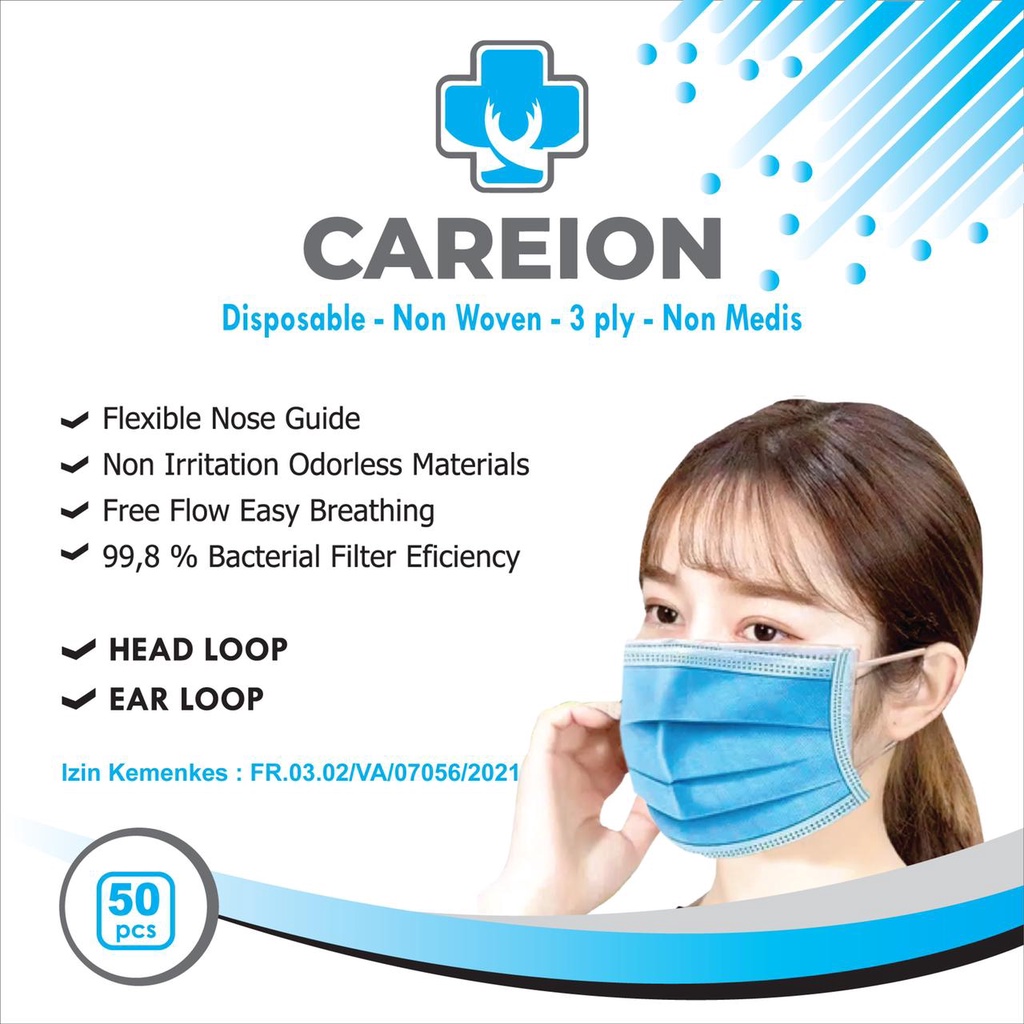 MASKER 3 PLY CAREION isi 50pc / FACE MASK / DISPOSABLE MASK / MASKER 3PLY MULUT ISI 50pc