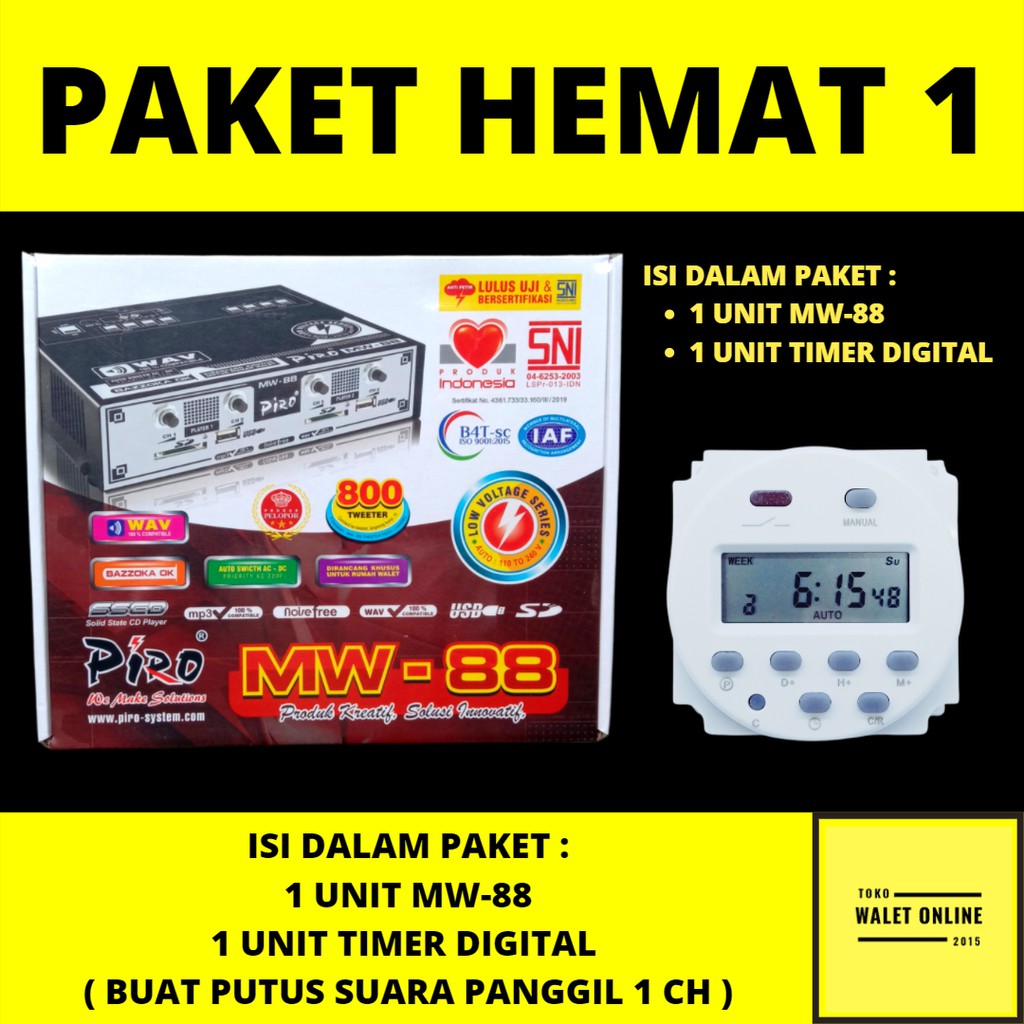 AMPLIFIER WALET PIRO MW 88 + TIMER PUTUS SUARA PANGGIL TARIK, PAKET PLAYER POWER AMPLI MESIN RUMAH W