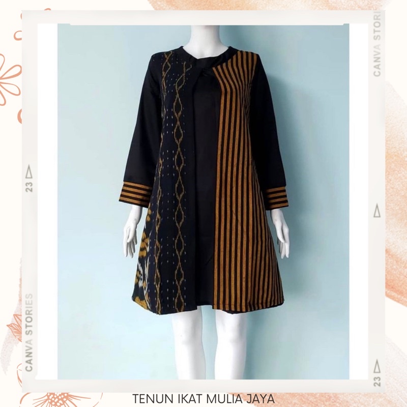dress tunik batik tenun baju kerja wanita kuning