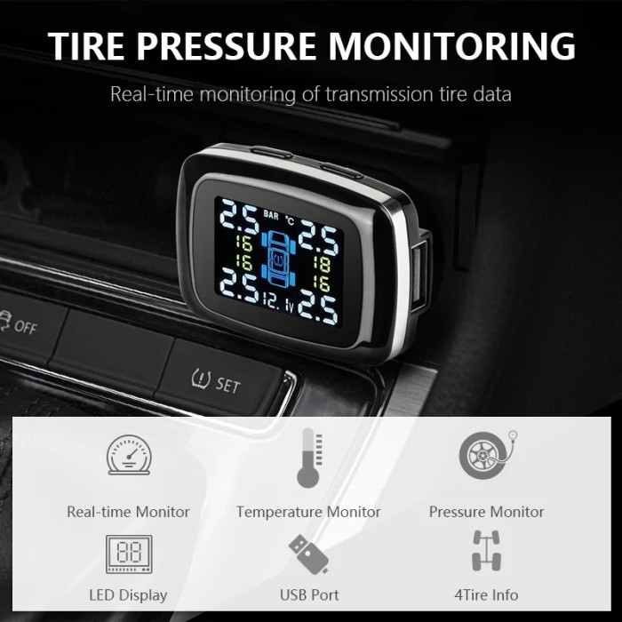 Solar Lighter TPMS + USB Charger Pengukur Pressure Tekanan Angin Ban Mobil