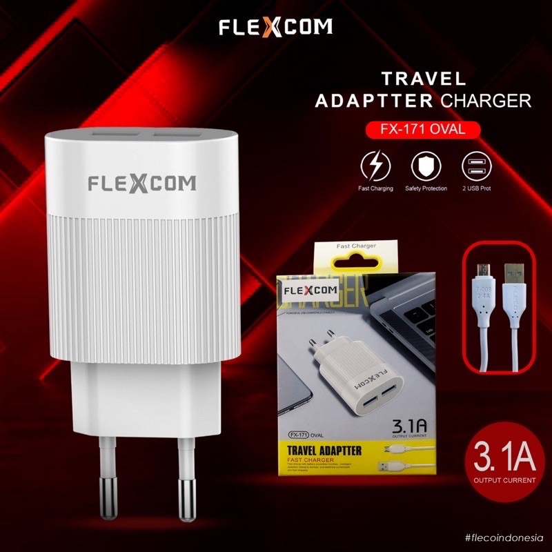 PROMO CHARGER FX171 2USB FLEXCOM ORIGINAL KABEL DATA MICRO OVAL