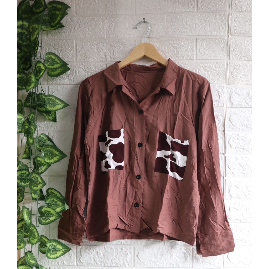 Baju Kemeja Wanita Two Tone Animal Kekinian / Kemeja dua warna / Top Wanita / Atasan Wanita-Mocca LS 02