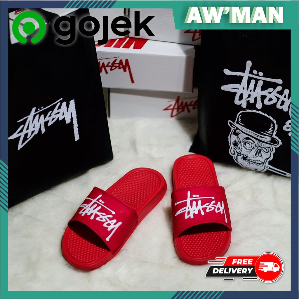 Nike Benassi X Stussy Red - Sandal Sendal Nike Slop Slide Casual Sport Santai Pria Wanita Ori Murah