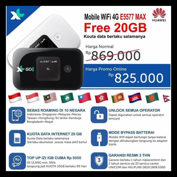 COD MODEM WIFI MIFI 4G HUAWEI E5577 UNLOCK ALL GSM FREE XL 90GB 3BLN KODE 1170