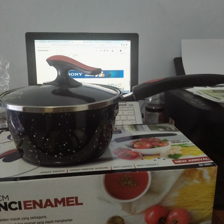 Panci Saucepan Enamel 20 cm tebal tutup kaca Q2-2001 panci susu serbaguna