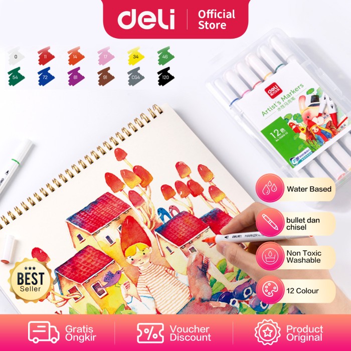 

(DISKON TERMURAH) Deli Watercolor Marker / Spidol 12/24/36/48/60 Ujung Tip Ganda 70810 - 12 warna